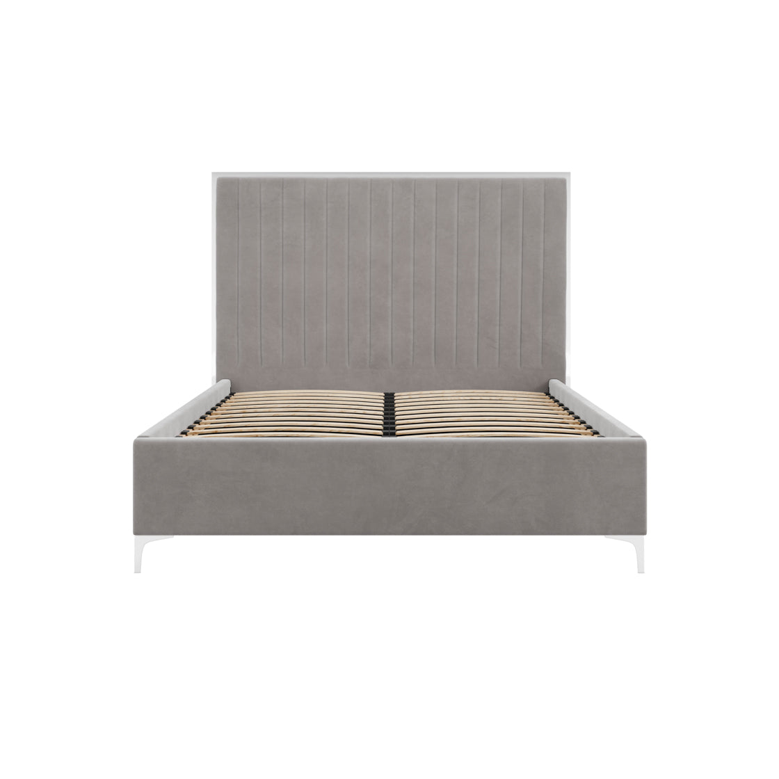 The Killarney Mink Upholstered 5ft King Size Bed features a modern grey velvet frame, tall ribbed headboard, matching side rails, white legs, and exposed wooden slats??n elegant bedroom piece displayed on a white background.
