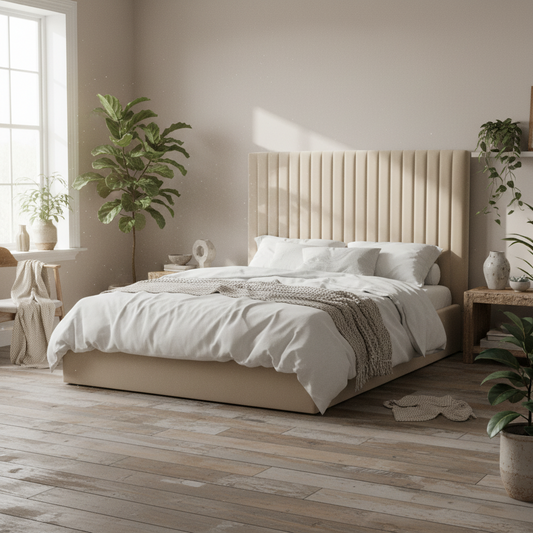 Dublin Taupe Upholstered 4ft6 Double Ottoman Bed with Tall Ribbed Headboard