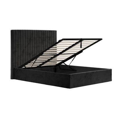 Dublin Black Upholstered 6ft Super King Size Ottoman Bed Tall Ribbed Headboard