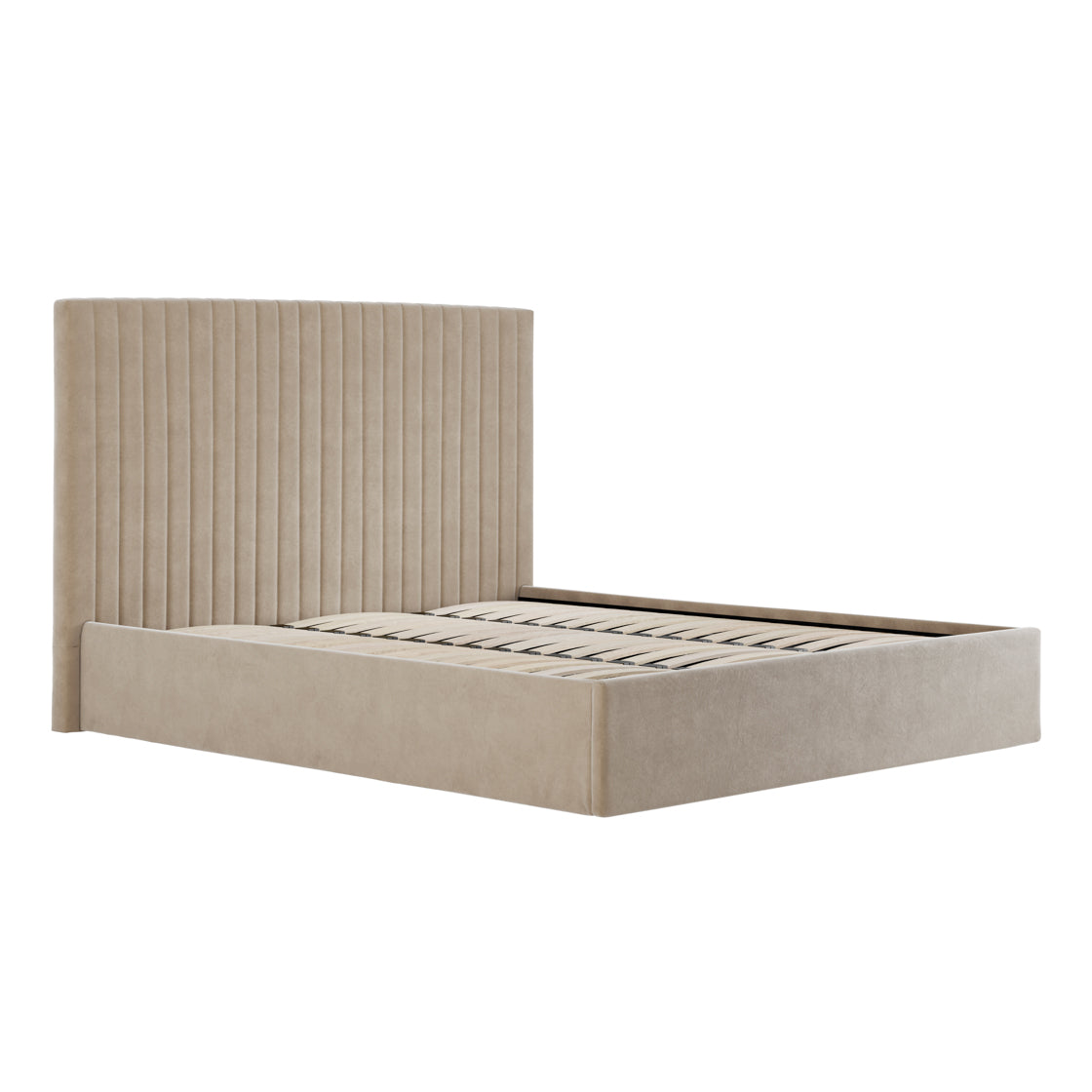 Dublin Taupe Upholstered 6ft Super King Size Ottoman Bed with Tall Ribbed Headboard
