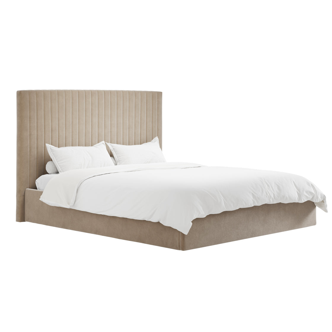 Dublin Taupe Upholstered 6ft Super King Size Ottoman Bed with Tall Ribbed Headboard