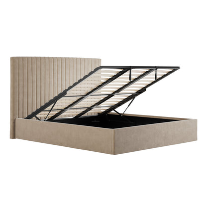 Dublin Taupe Upholstered 6ft Super King Size Ottoman Bed with Tall Ribbed Headboard