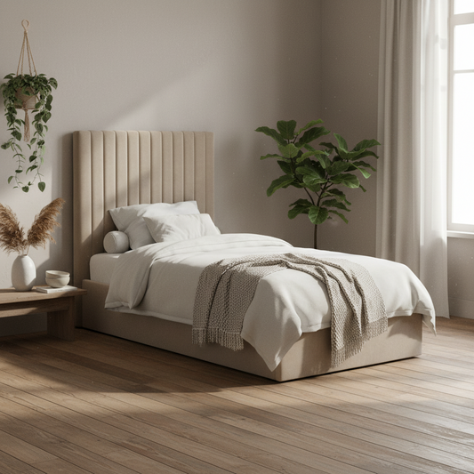 Dublin Taupe Upholstered 3ft Single Ottoman Bed with Tall Ribbed Headboard