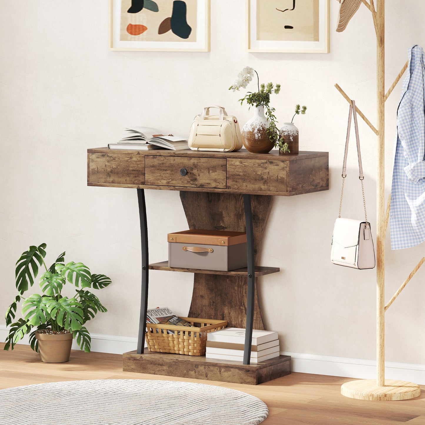 Rasana Metal And Wooden Rustic Brown 3 Tier Console Table With Drawer And Shelves