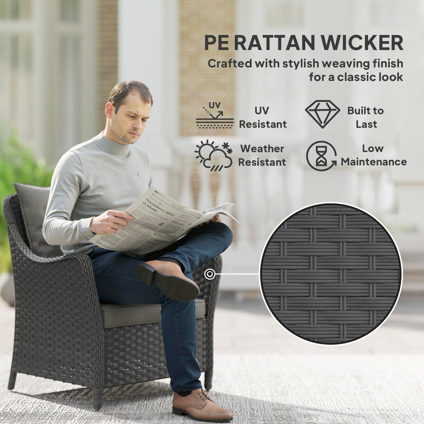 Neluli Rattan Dark Grey Set Of 2 Outdoor Armchairs With Cushions Armrests And High Back
