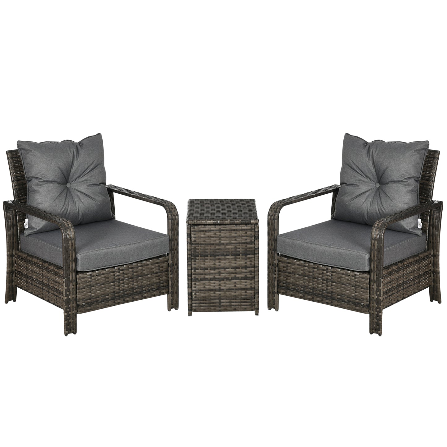 Ziha Rattan Grey 3 Piece Bistro Set With Storage Coffee Table And Cushioned Chairs