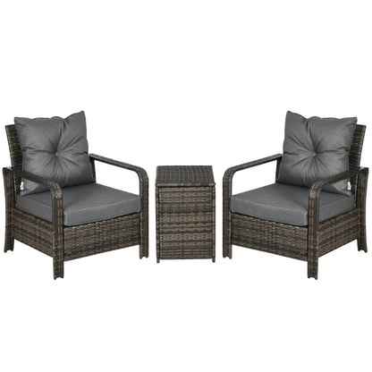 Ziha Rattan Grey 3 Piece Bistro Set With Storage Coffee Table And Cushioned Chairs