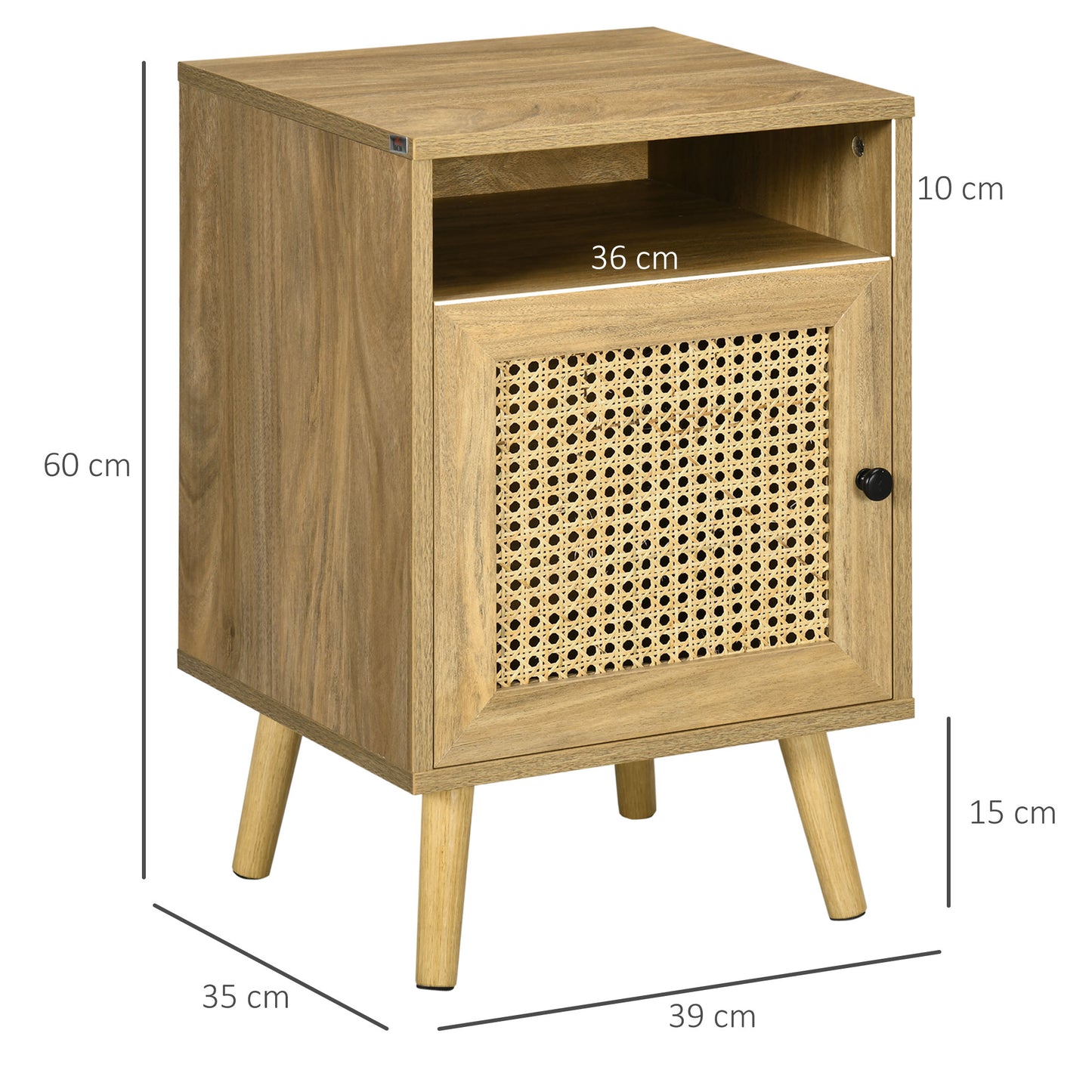 Fiha Set Of 2 Natural Wooden Bedside Tables With Rattan Door And Top Shelf