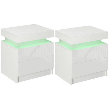 Nisu High Gloss White Set Of 2 Bedside Tables With LED Lighting and Storage Drawers