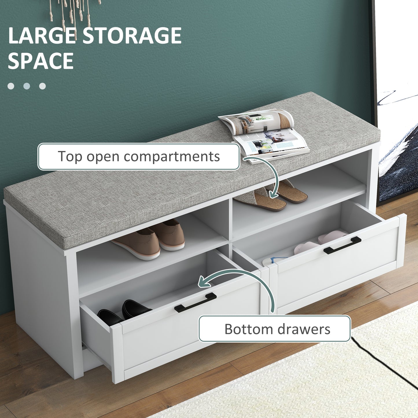 Noma Wooden White Shoe Bench With Grey Cushion2 Shelves 2 Drawers