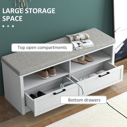 Noma Wooden White Shoe Bench With Grey Cushion2 Shelves 2 Drawers