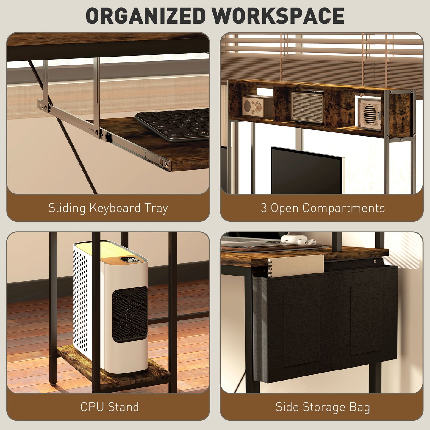 Ledoel 240cm Rustic Brown Reversible L Shaped Desk With Power Outlet Shelves And Keyboard Tray For 2 Users