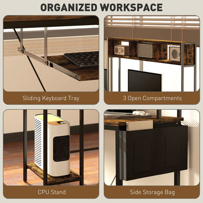 Ledoel 240cm Rustic Brown Reversible L Shaped Desk With Power Outlet Shelves And Keyboard Tray For 2 Users