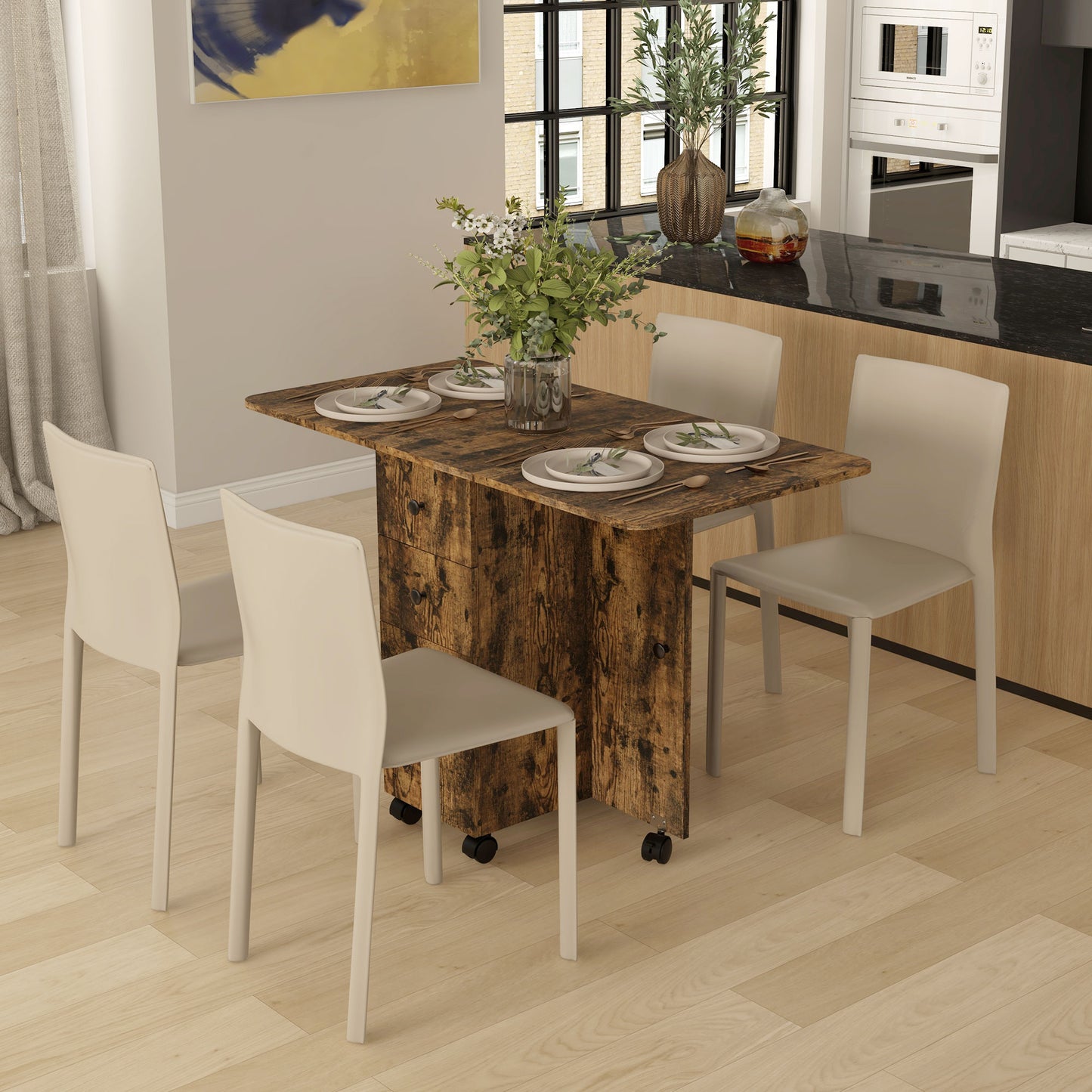 Lasado Wooden Rustic Brown Drop Leaf Dining Table With Storage Seating 6