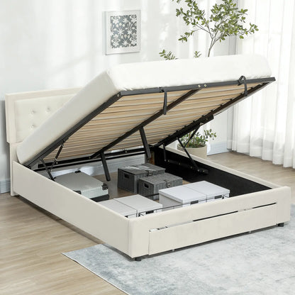 Double 4FT6 Ottoman Bed Frame with Front Divan Drawer Storage Cream
