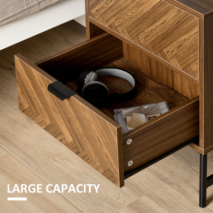 Lipana Wood Walnut Brown 2 Drawer Bedside Table With Metal Handle Detail