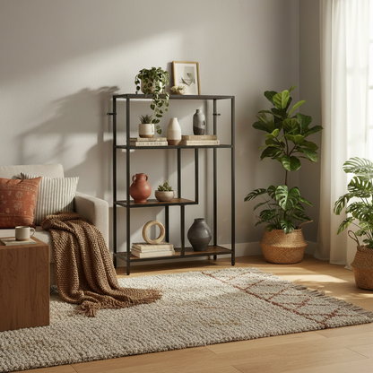 Modisu Wood Rustic Brown 4 Tier Bookcase With Open Shelving