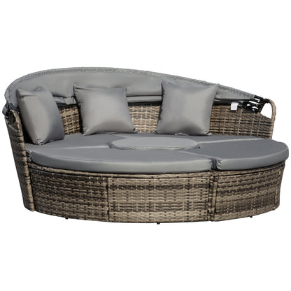Leluri Faux Rattan Dark Grey Round Daybed Outdoor Canopy Table And Cushions