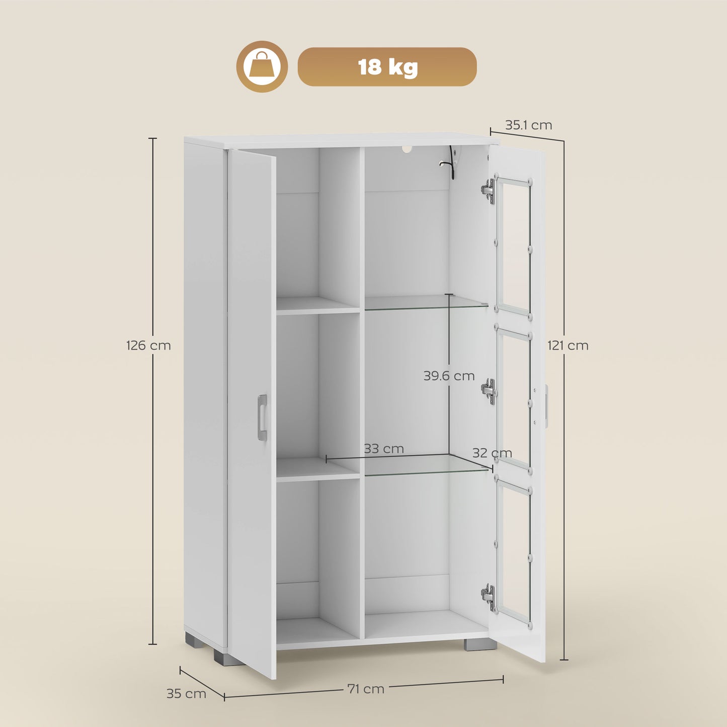 Sora Coma High Gloss White Tall Storage Cabinet Glass Doors 2 Shelves with LED Lighting