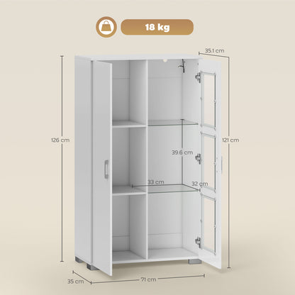 Sora Coma High Gloss White Tall Storage Cabinet Glass Doors 2 Shelves with LED Lighting
