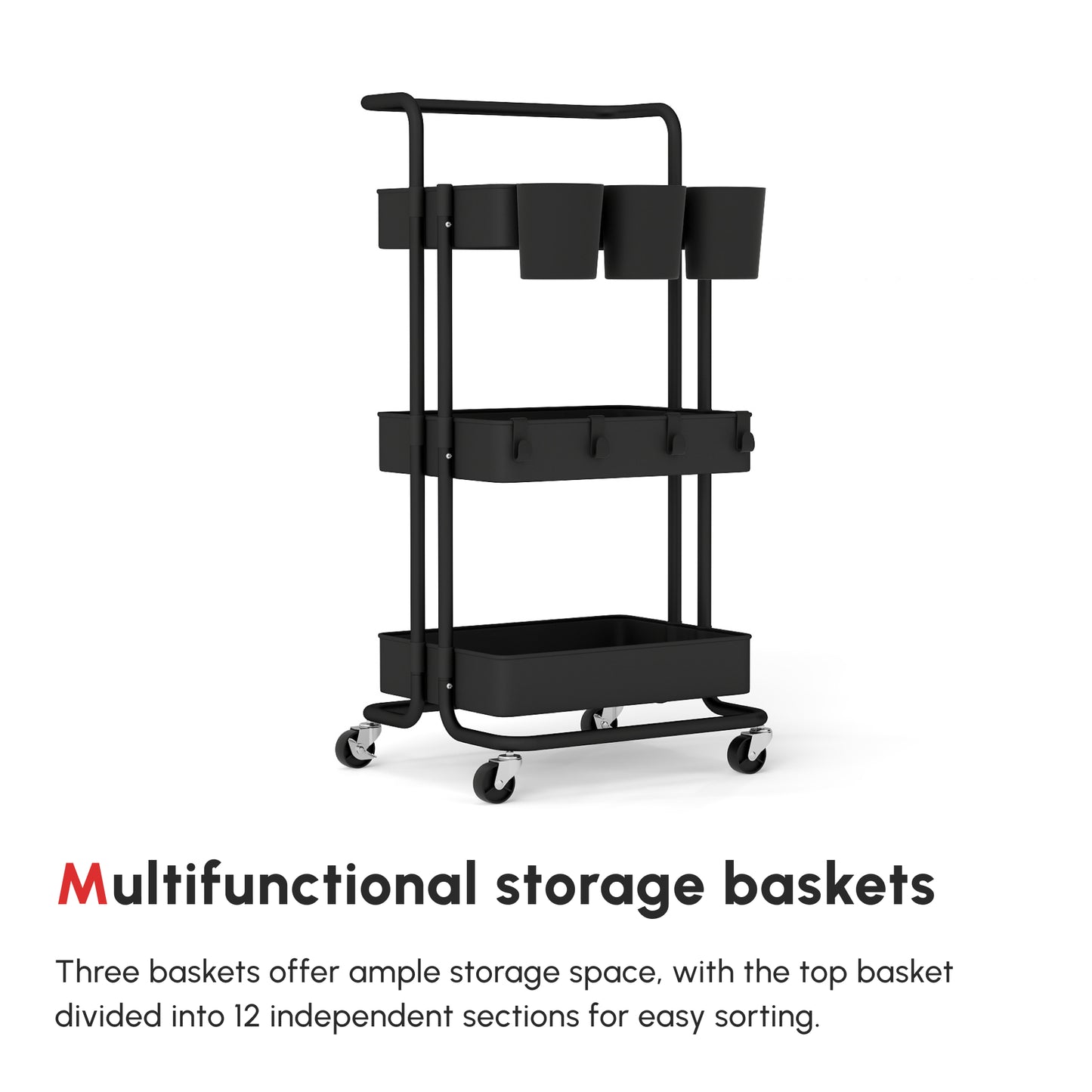 Nirelu Metal Black 3 Tier Home Trolley With Handle And Wheels
