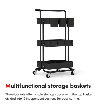 Nirelu Metal Black 3 Tier Home Trolley With Handle And Wheels