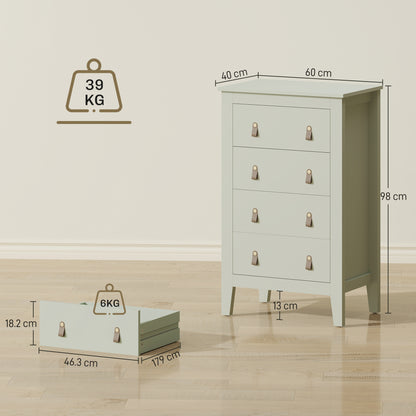 Viri Metal And Wood Green 4 Drawer Modern Storage Chest With Faux Leather Handles 60 x 40 x 98 cm