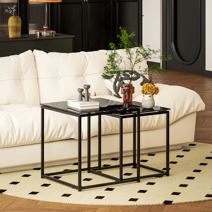 Raviccu Metal And Glass Black Set Of 2 Nesting Coffee Tables With TemFauxred Glass Tops