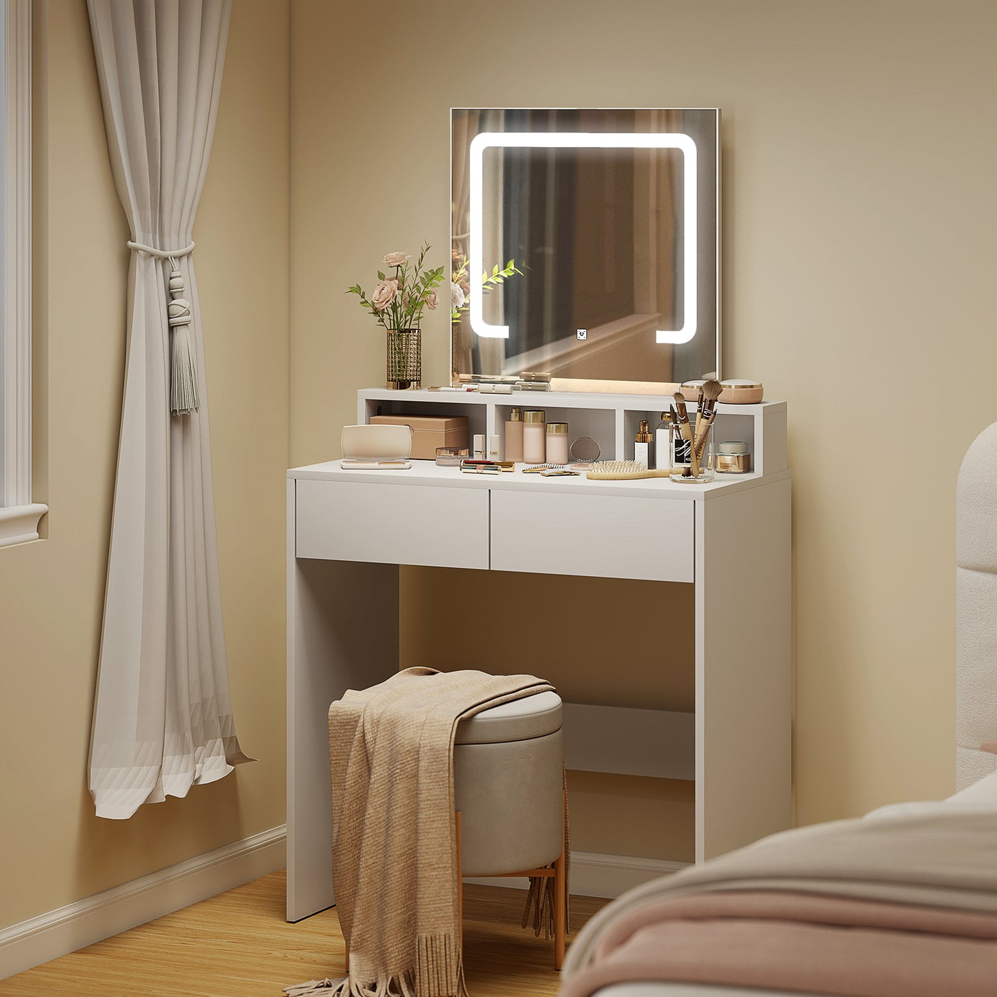 Linora Roso White Dressing Table With LED Mirror And Built In Storage