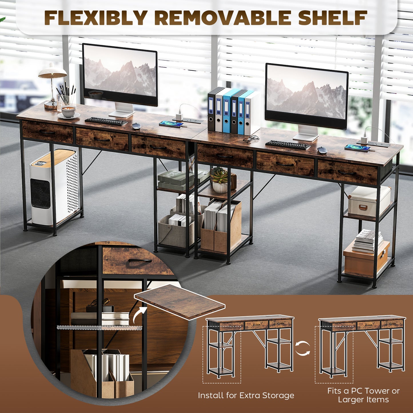 Hariva 120cm Wooden Rustic Brown Home Office Desk With Power Sockets 3 Fabric Drawers And 4 Storage Shelves