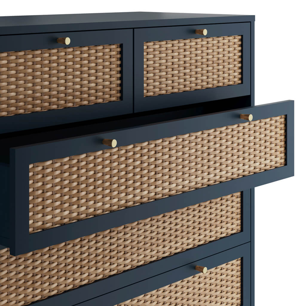 Waterford Blue Oak and Rattan Chest Of 6 Drawers