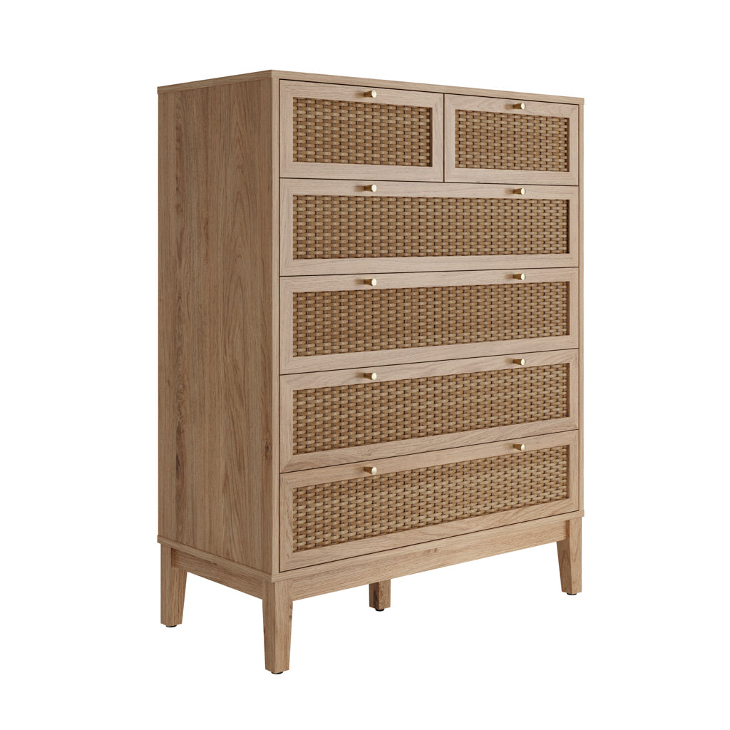 Waterford Oak and Rattan Chest Of 6 Drawers