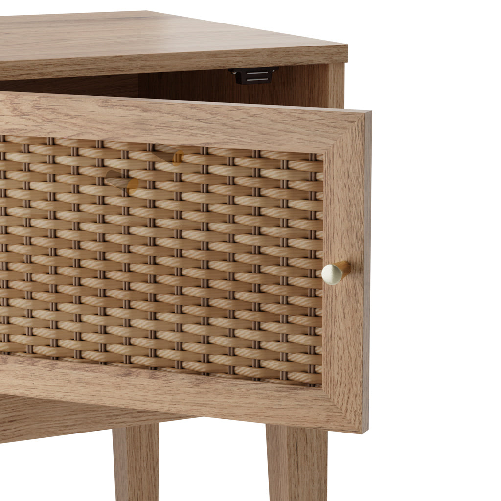 Waterford Oak Wood and Rattan Bedside Table 1 Door