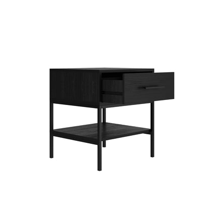 Katta Matt Black Wooden Bedside Table 1 Drawer Bottom Shelf