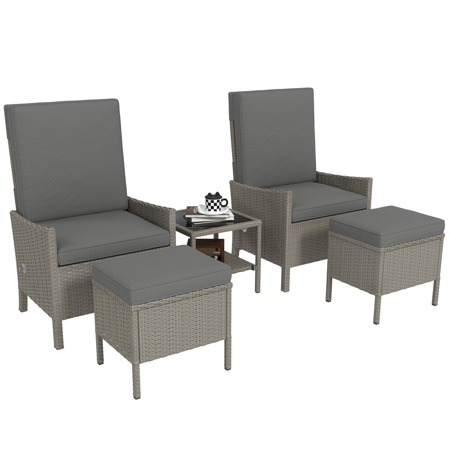 Liromo Rattan Dark Grey 5 Piece Garden Bistro Set with Recliner Chairs Stools and Table