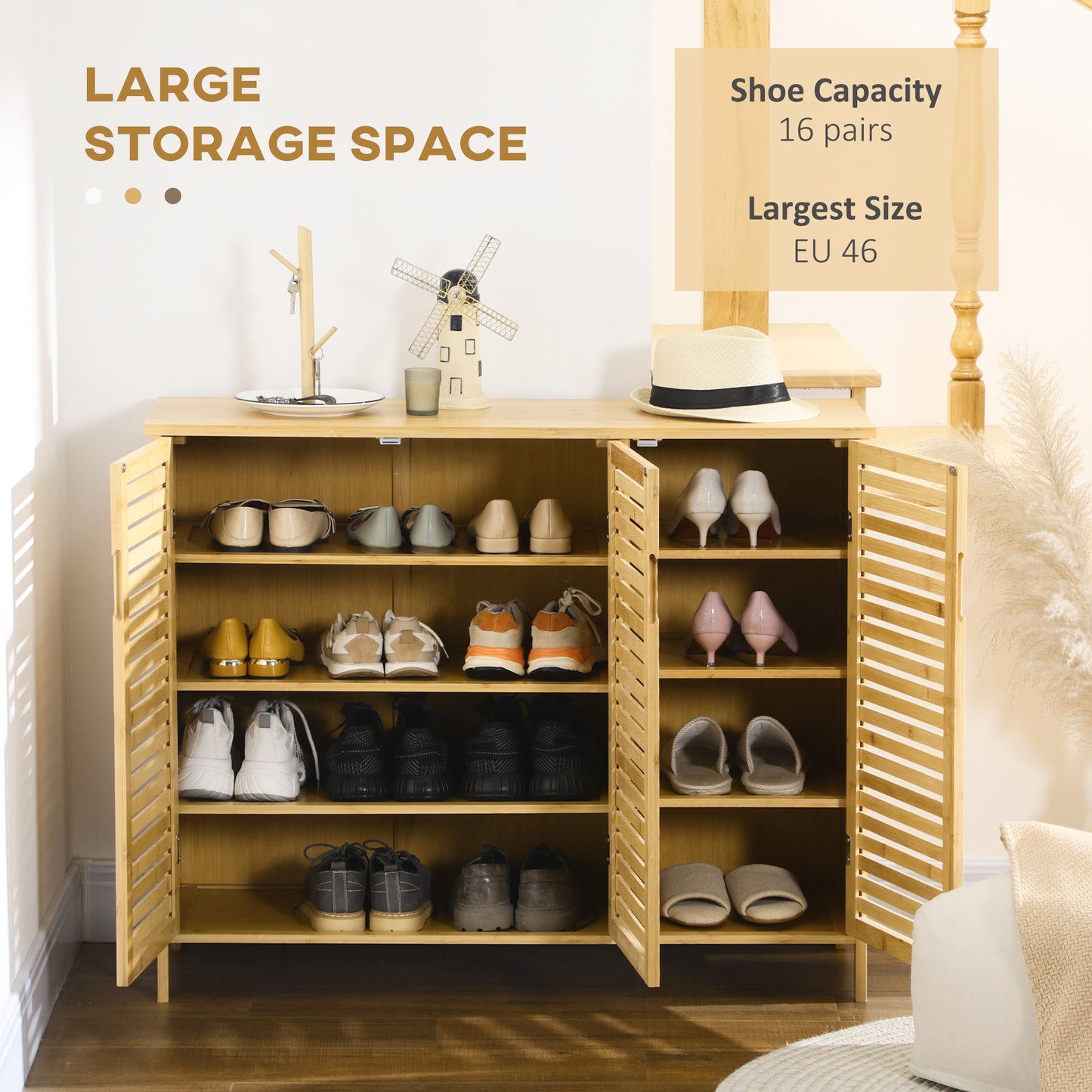 Elfi Naba Wooden Natural Rustic Slatted 3 Door Shoe Cabinet With 8 Shelves