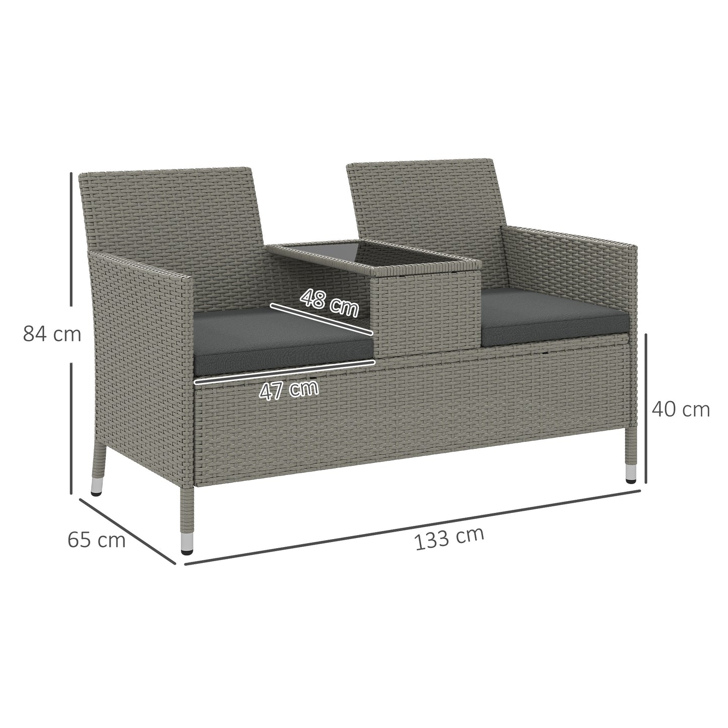 Locora Faux Rattan Grey 2 Seater Garden Bench With Central Table Bistro Set