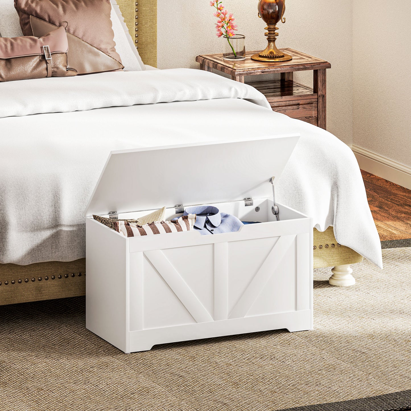Kamari White Wood Farmhouse Storage Chest Safety Hinges 100 Litre