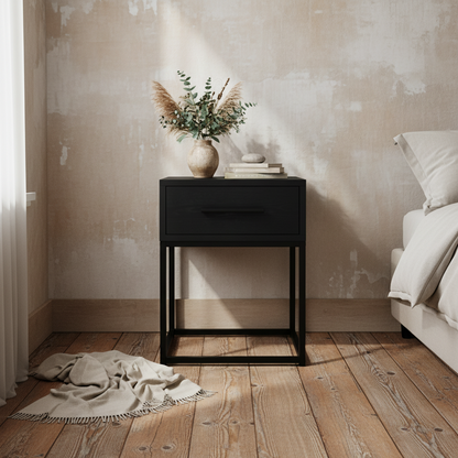 Hoopla Matt Black Wooden Bedside Table 1 Drawer