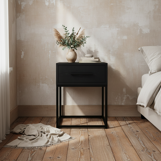 Hoopla Matt Black Wooden Bedside Table 1 Drawer