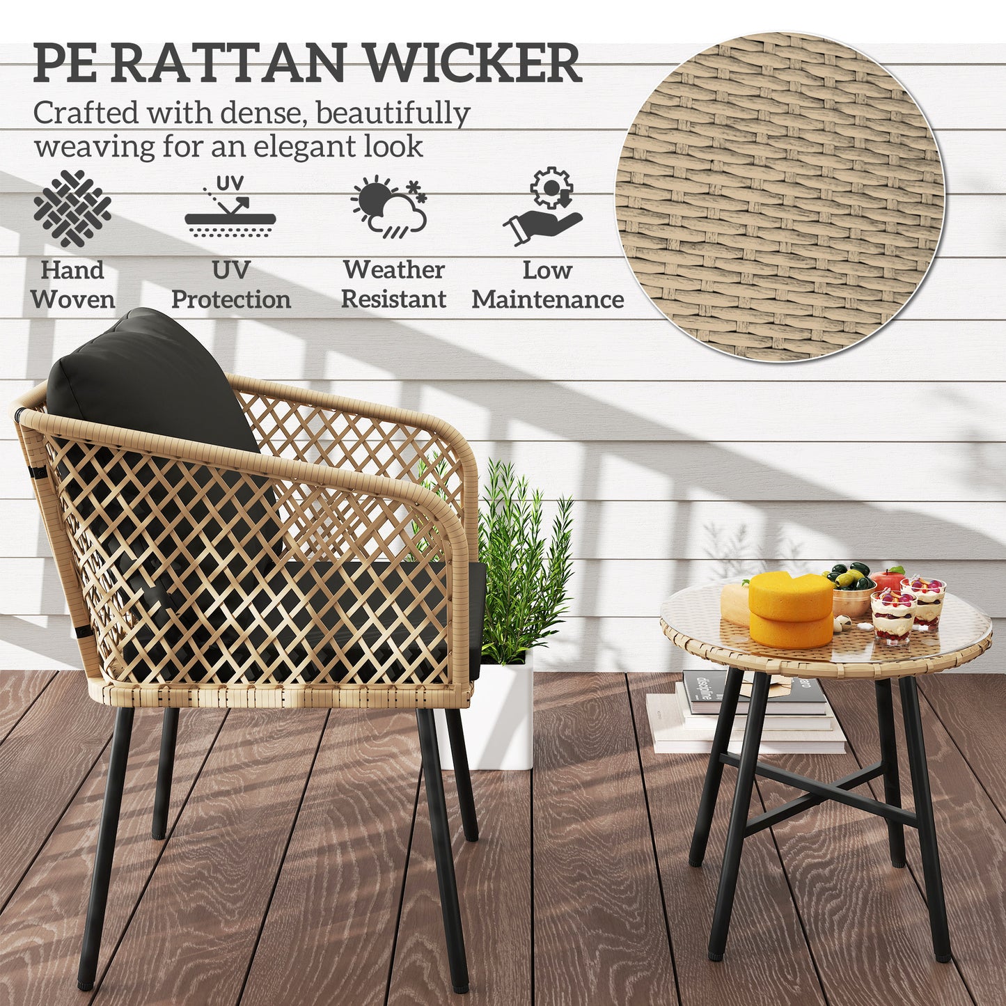 Mirata Natural Brown Rattan Rope Bistro Set with Black Cushions