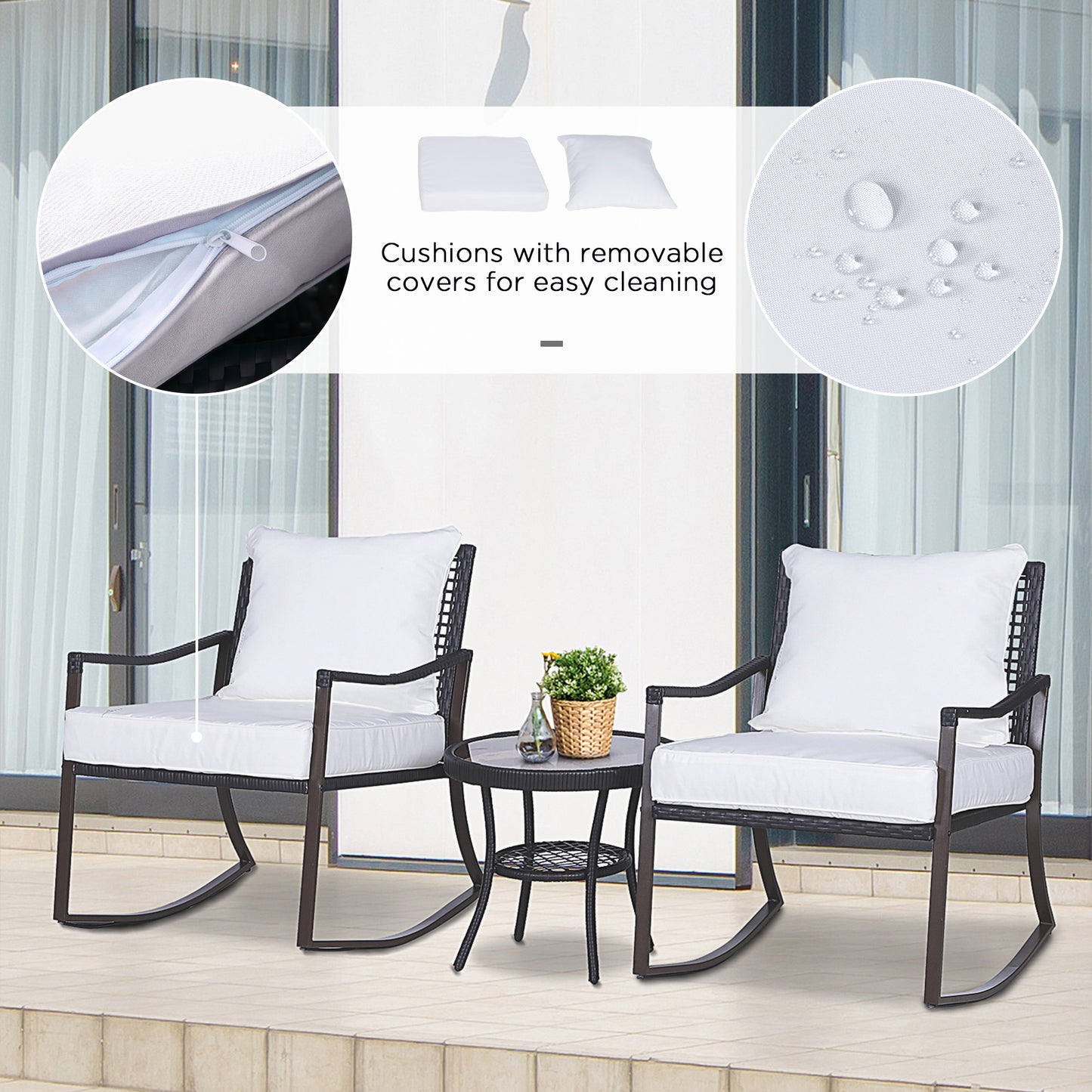 Madile Brown Rattan 3 Piece Bistro Set With Rocking Chairs And Round Glass Coffee Table