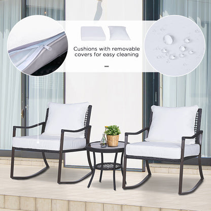 Madile Brown Rattan 3 Piece Bistro Set With Rocking Chairs And Round Glass Coffee Table