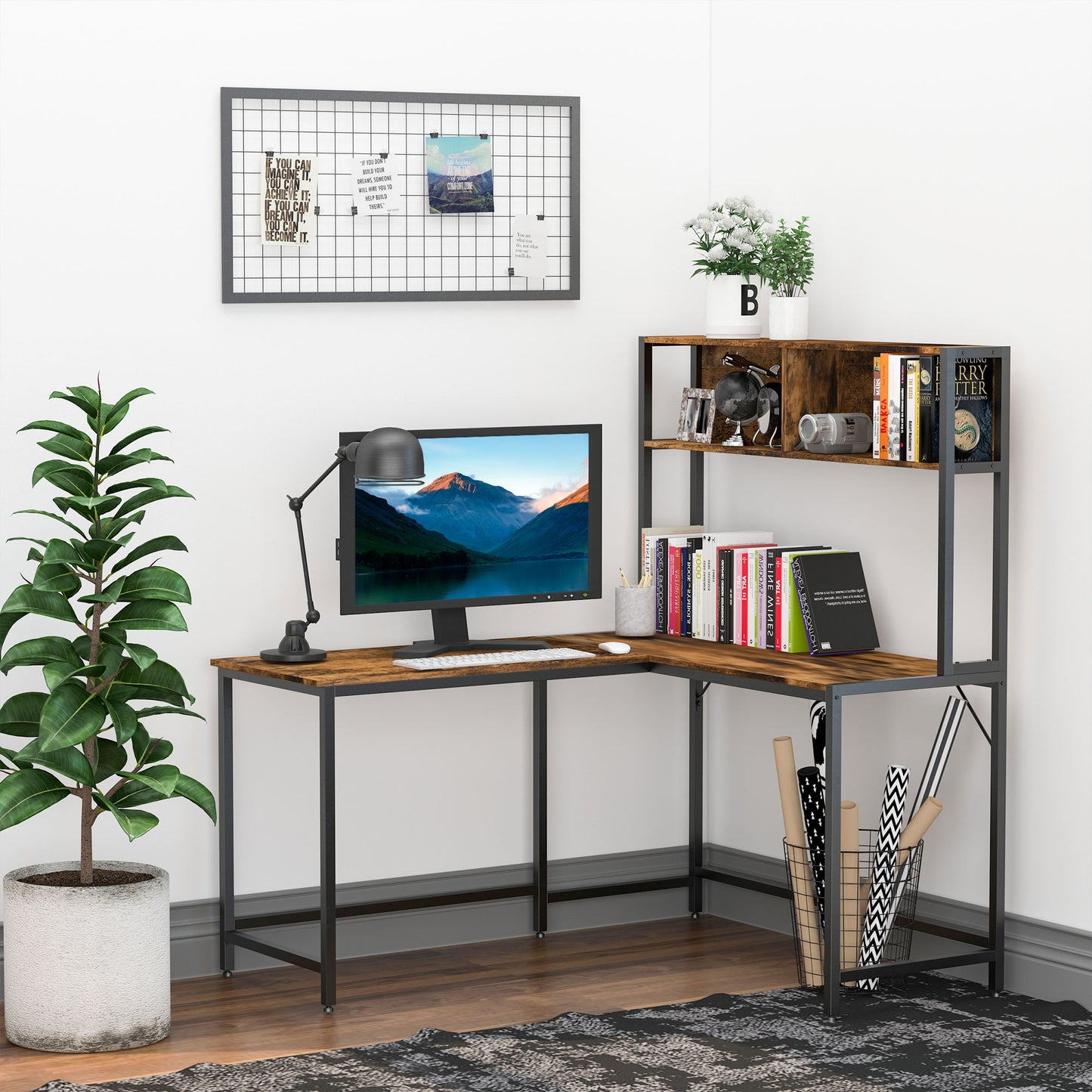 Monoba 140cm Mani Metal And Wooden Brown Industrial L Shaped Desk With Bookshelf