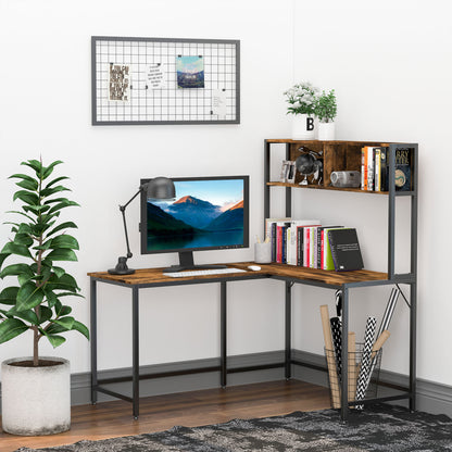 Monoba 140cm Mani Metal And Wooden Brown Industrial L Shaped Desk With Bookshelf