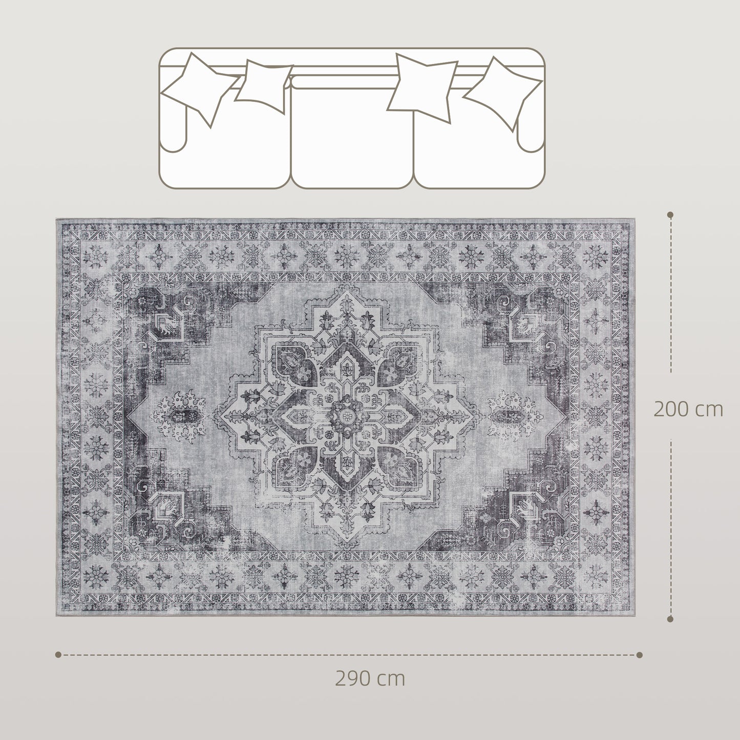 Vera 290 x 200 cm Polyester Grey Vintage Style Non Slip Washable Rug