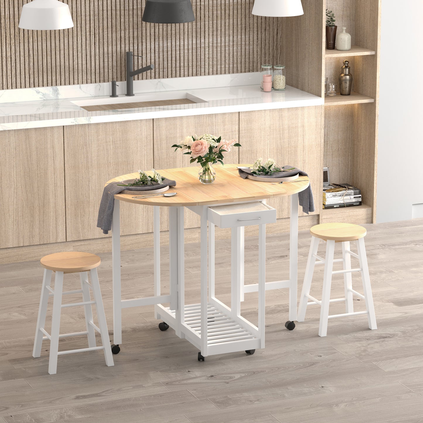 Rasola Wooden White Mobile Drop Leaf Dining Table With Stools Drawers Shelving And Wheels