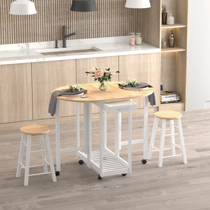 Rasola Wooden White Mobile Drop Leaf Dining Table With Stools Drawers Shelving And Wheels