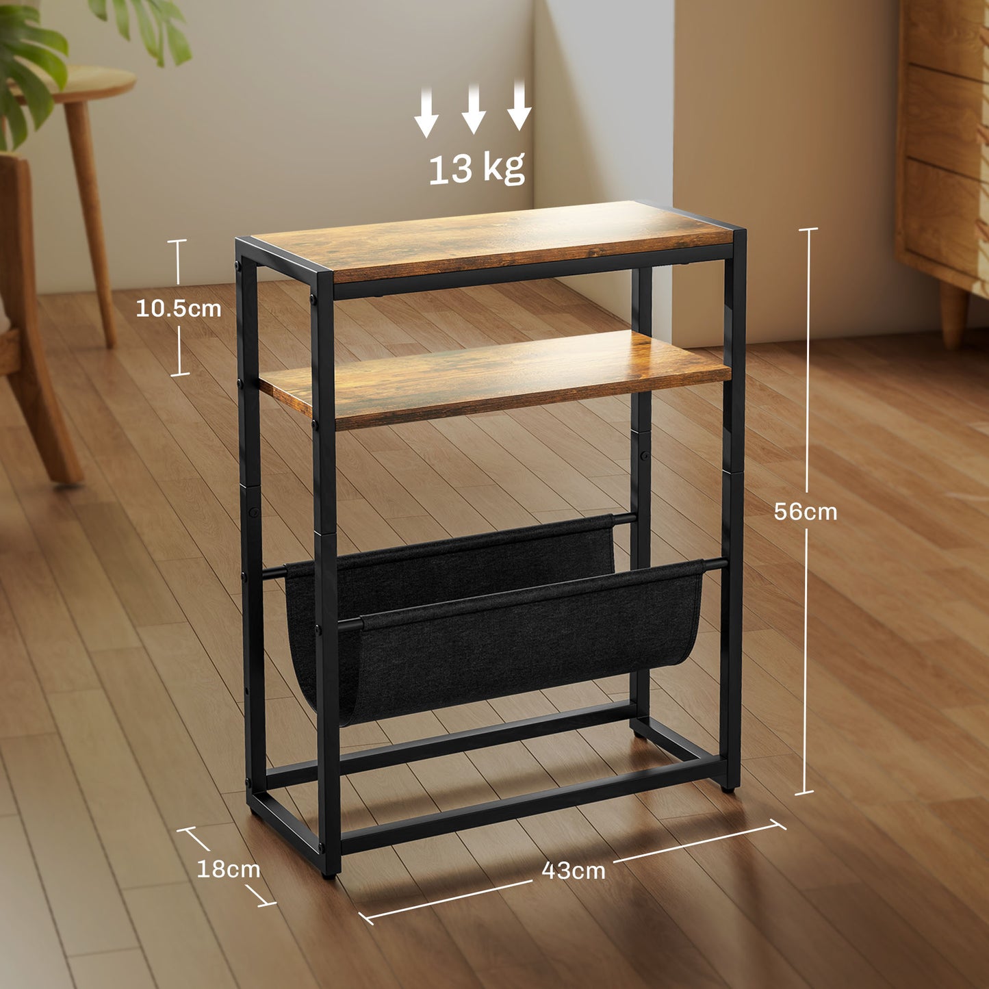 Sanami Wooden Rustic Brown Narrow Side Table With 3 Tier Storage And Magazine Slot