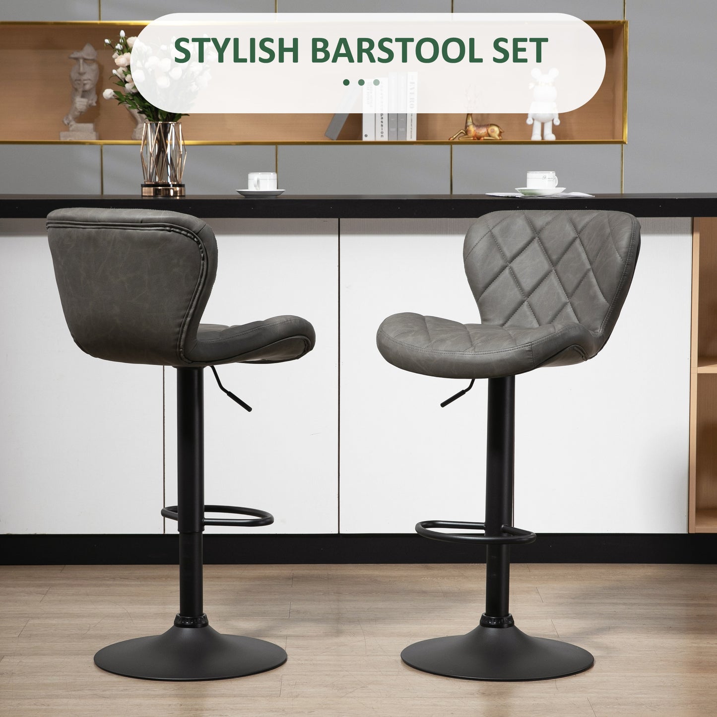 Moliyo Set Of 2 Dark Grey Swivel Bar Stools With Diamond Pattern And Steel Frame